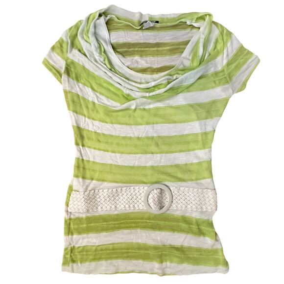 DEB Womens Y2K Top Faux Belt W/attached Faux Undershirt Cowl Neck Green Stripe L - Picture 1 of 7